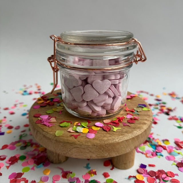 Druivensuiker | glas klein rosé hartjes Zalig zoet, verwenmomentje attentie babbyborrel